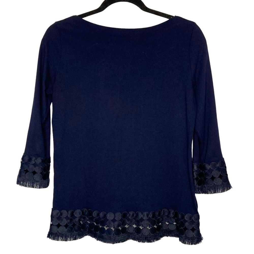 Talbots Navy Blue Boat Neck Top w/Circle Lace Trim